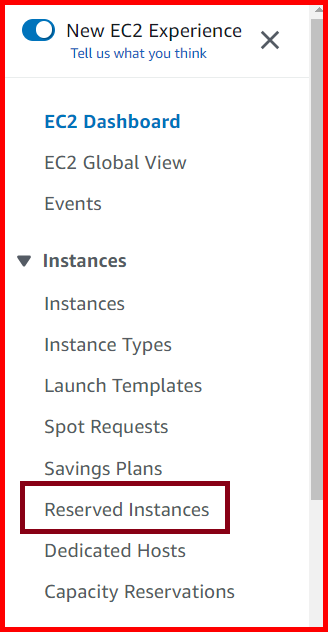 Picture showing the Reserved Instances menu in EC2 dashboard